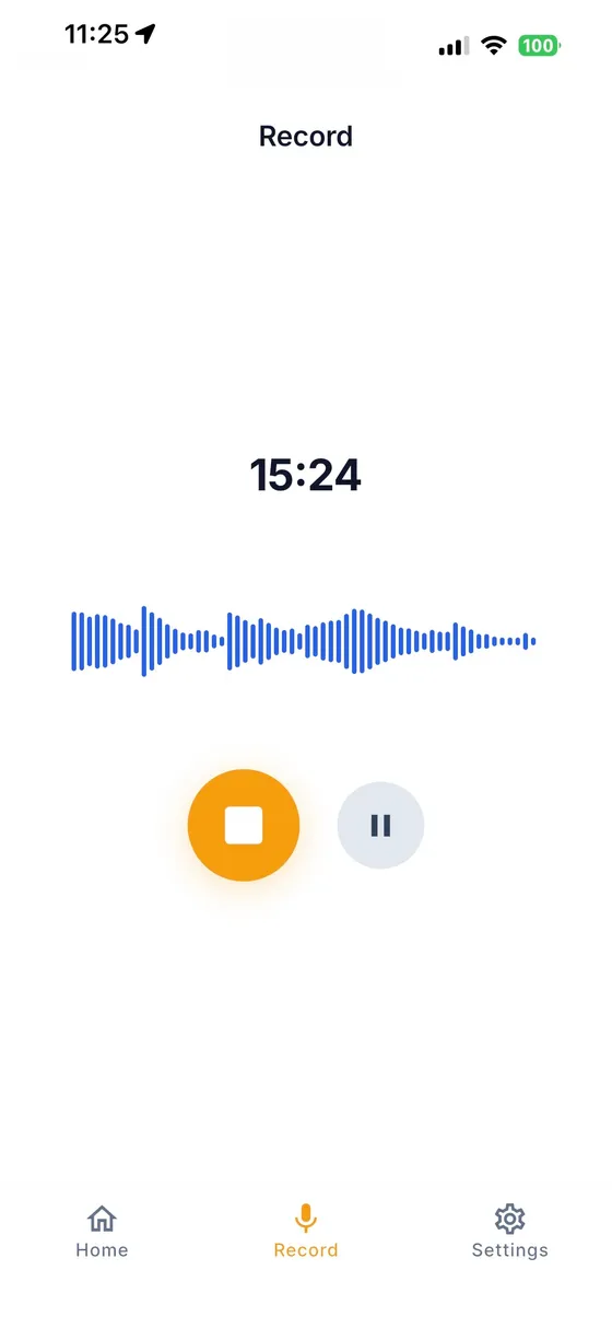 AudioSnap recording screen with live audio waveform and recording timer