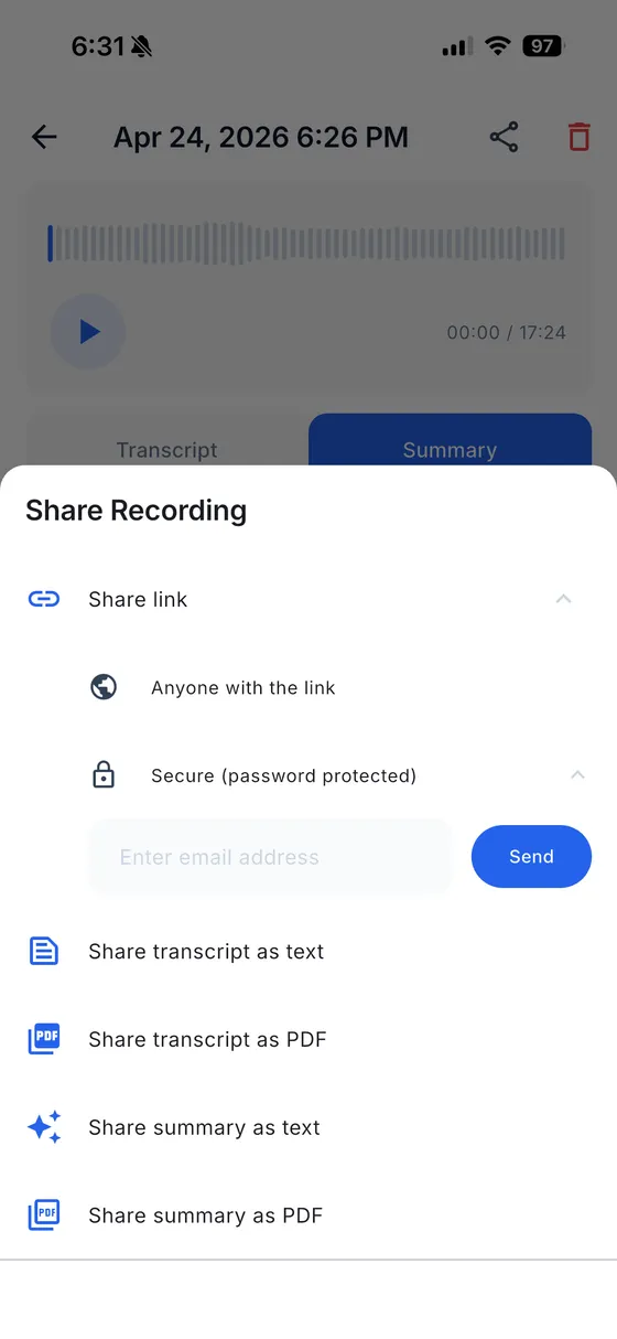 AudioSnap share screen with options for recording, transcript, and summary sharing