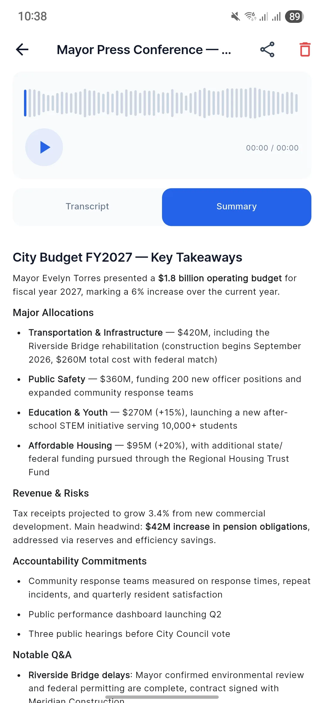 AudioSnap AI summary screen