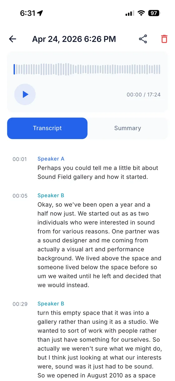 AudioSnap transcript view with color-coded speakers and timestamp citations