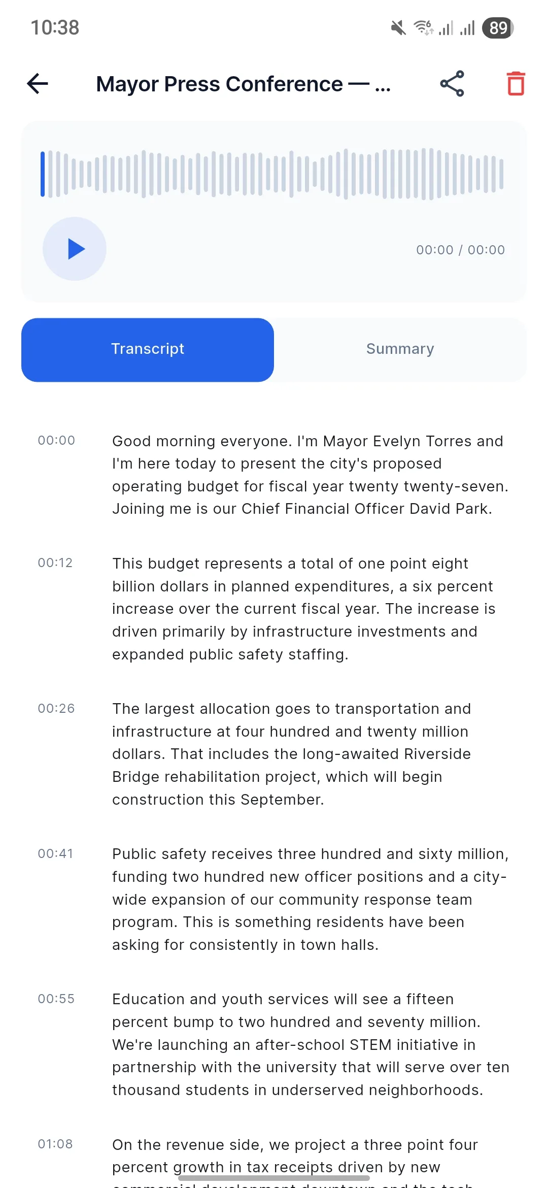 AudioSnap transcript screen